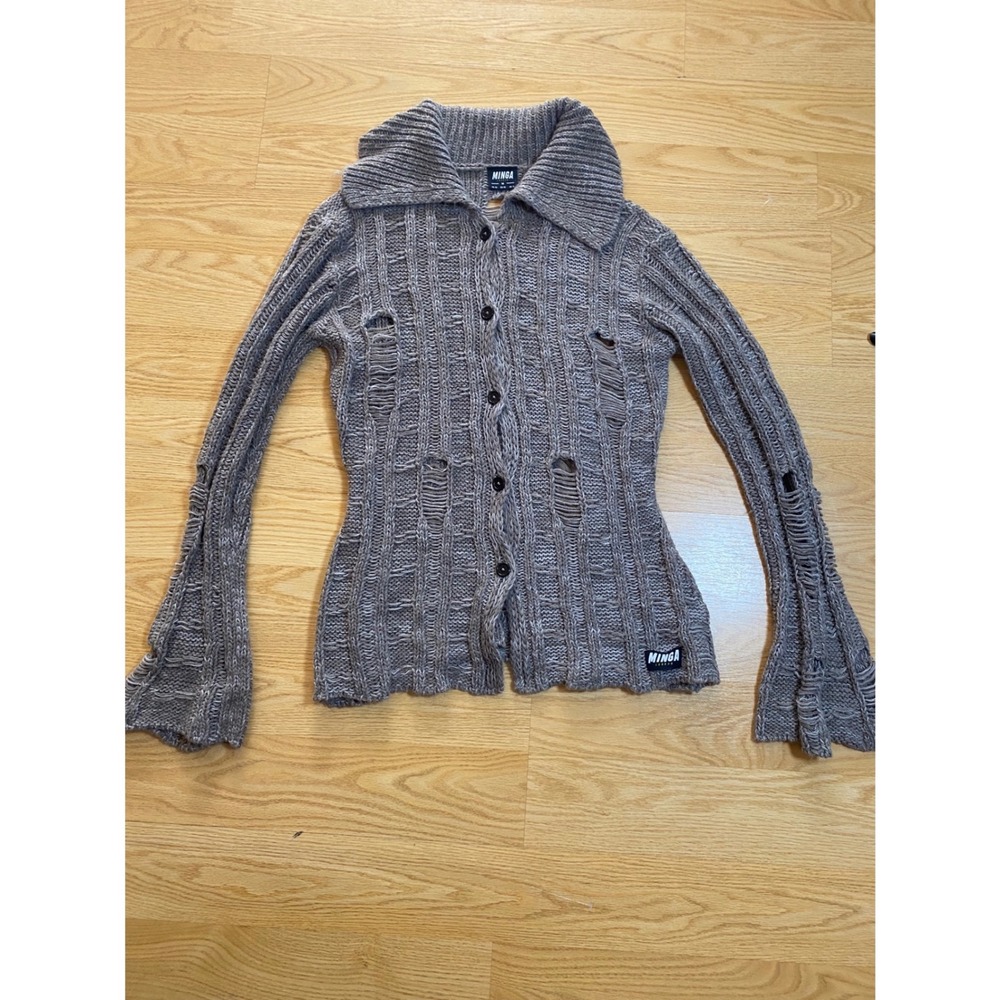 Minga London Distressed Knit Bell Sleeve Cardigan Collared Button Up Sweater M